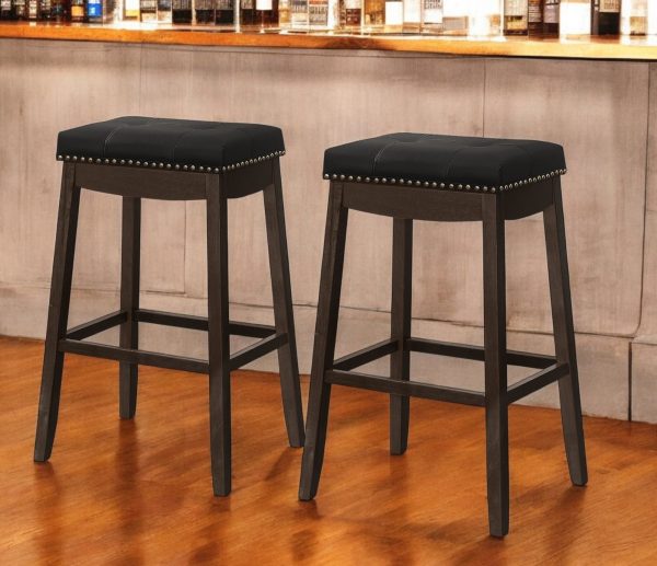 Set of Two 30" Black and Espresso Faux Leather and Solid Wood Backless Bar Height Bar Chairs - Image 2