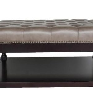35" Gray And Dark Brown Leather And Solid Wood Coffee Table With Shelf