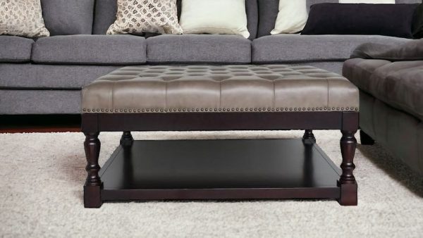 35" Gray And Dark Brown Leather And Solid Wood Coffee Table With Shelf - Image 2