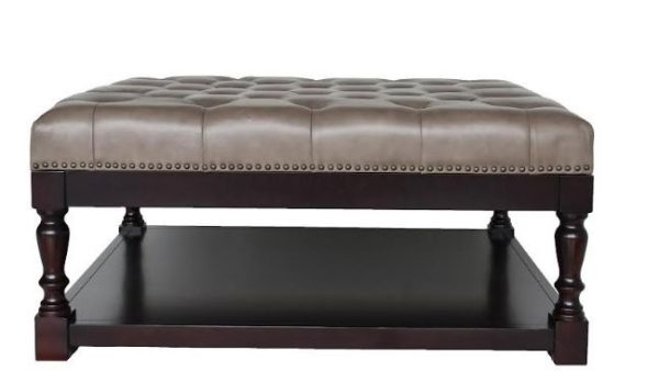 35" Gray And Dark Brown Leather And Solid Wood Coffee Table With Shelf - Image 3