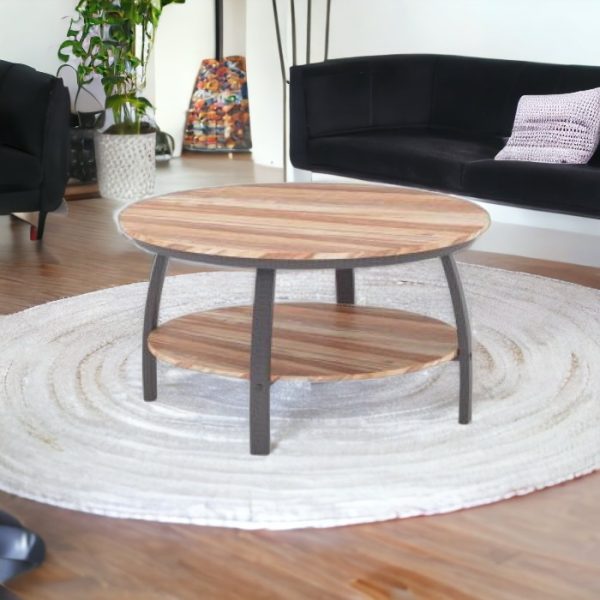 35" Two Tier Wood Grain Oak Manufactured Wood Round Coffee Table - Image 3