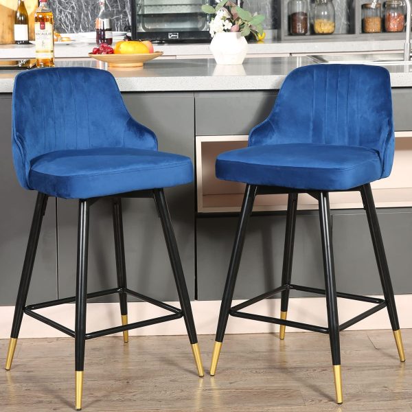 Set of Two 25" Blue And Black and Gold Velvet And Iron Swivel Low Back Counter Height Bar Chairs - Image 3