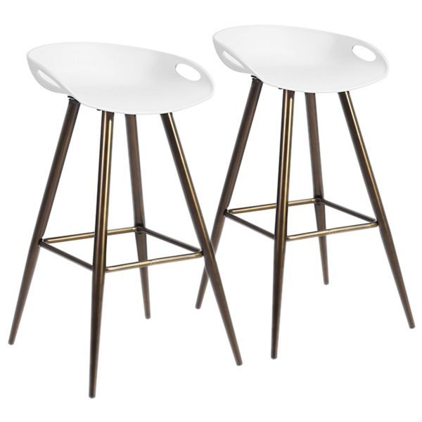 Set of Two 28" White And Bronze Steel Low Back Counter Height Bar Chairs - Image 2