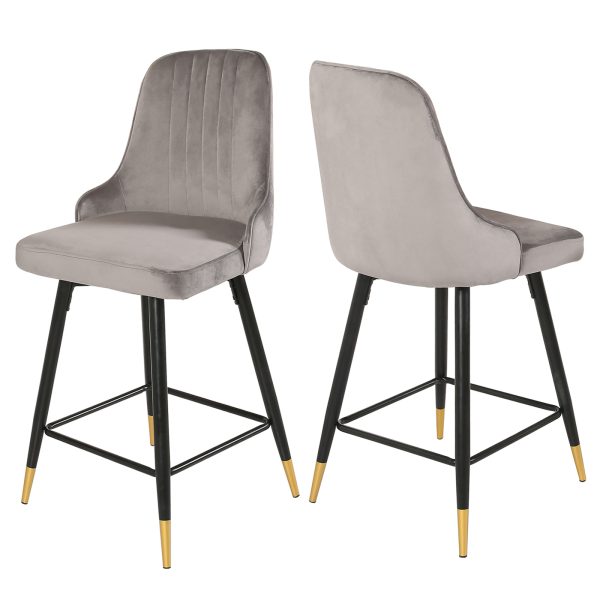 Set of Two 26" Gray And Black and Gold Velvet And Steel Swivel Counter Height Bar Chairs - Image 2