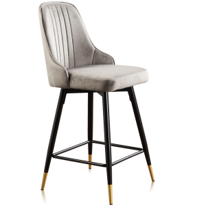 Set of Two 26" Gray And Black and Gold Velvet And Steel Swivel Counter Height Bar Chairs