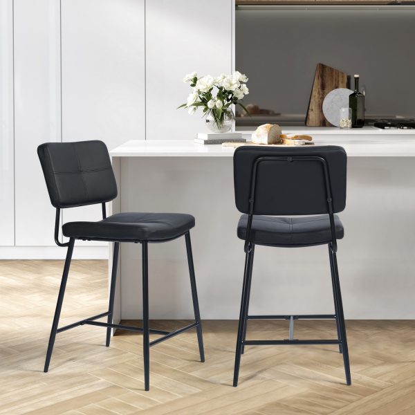 Set of Two 24" Cream And Black Faux Leather And Steel Low Back Counter Height Bar Chairs - Image 2