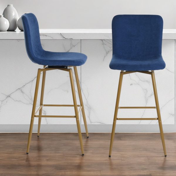 Set of Two 29" Dark Blue And Gold Steel Bar Height Bar Chairs