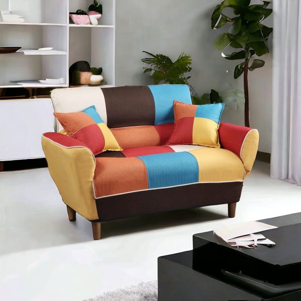 46" Yellow and White And Brown Linen Geometric Futon Convertible Sleeper Loveseat and Toss Pillows - Image 2