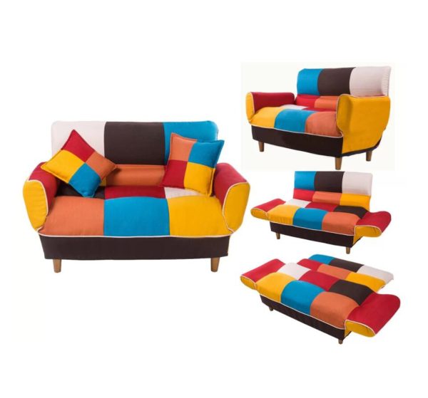 46" Yellow and White And Brown Linen Geometric Futon Convertible Sleeper Loveseat and Toss Pillows - Image 3