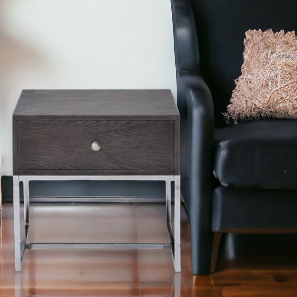22" Chrome And Gray Oak Manufactured Wood Rectangular End Table With Drawer - Image 2