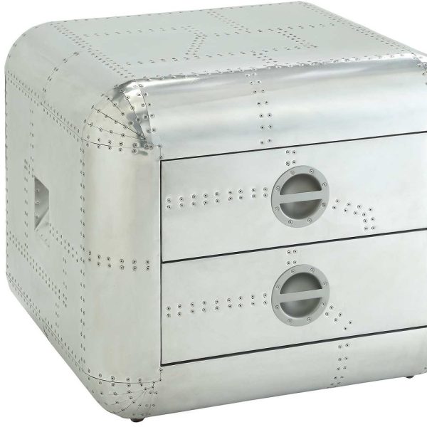 22" Silver Aluminum Aviator Trunk Style Square End Table With Two Drawers - Image 3