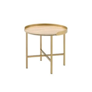 22" Gold And Oak Manufactured Wood And Metal Round End Table