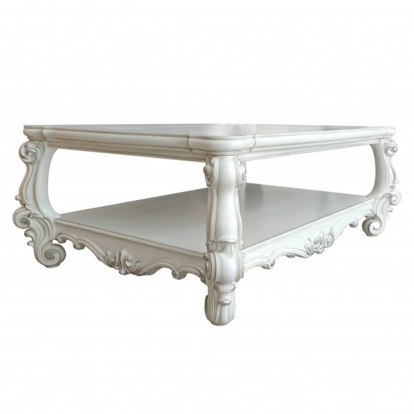 57" Antiqued White Wood Coffee Table With Shelf - Image 2