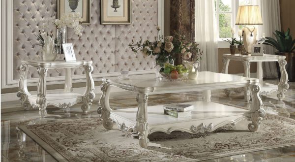 57" Antiqued White Wood Coffee Table With Shelf - Image 3