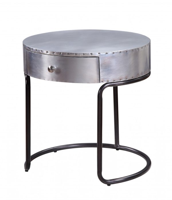 21" Aluminum And Manufactured Wood Round End Table With Drawer - Image 3
