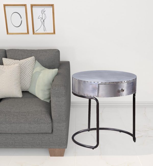 21" Aluminum And Manufactured Wood Round End Table With Drawer - Image 2