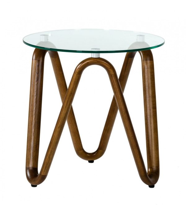 20" Walnut And Clear Glass  Solid Wood Ribbon Base Round End Table - Image 2