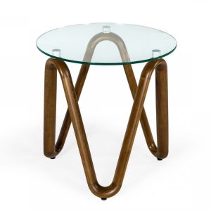 20" Walnut And Clear Glass  Solid Wood Ribbon Base Round End Table
