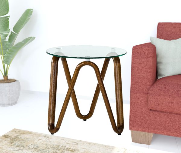 20" Walnut And Clear Glass  Solid Wood Ribbon Base Round End Table - Image 3