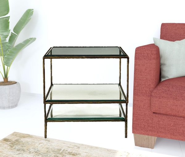 20" Bronze And Clear Glass And Iron Square End Table With Two Shelves - Image 3
