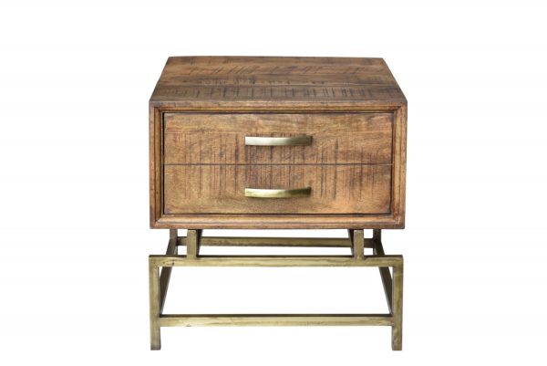 21" Brass And Brown Solid Wood And Iron Square End Table With Drawer - Image 3