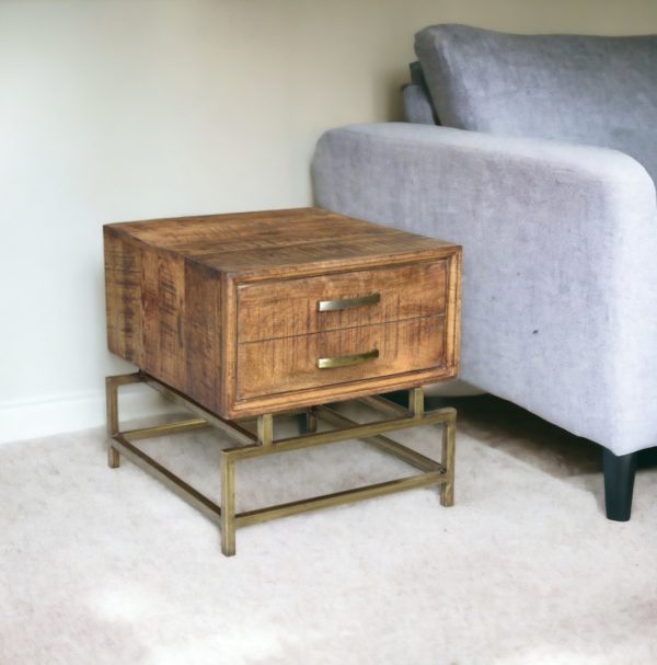 21" Brass And Brown Solid Wood And Iron Square End Table With Drawer - Image 2
