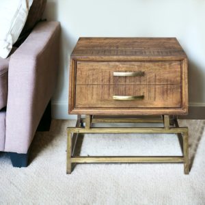 21" Brass And Brown Solid Wood And Iron Square End Table With Drawer