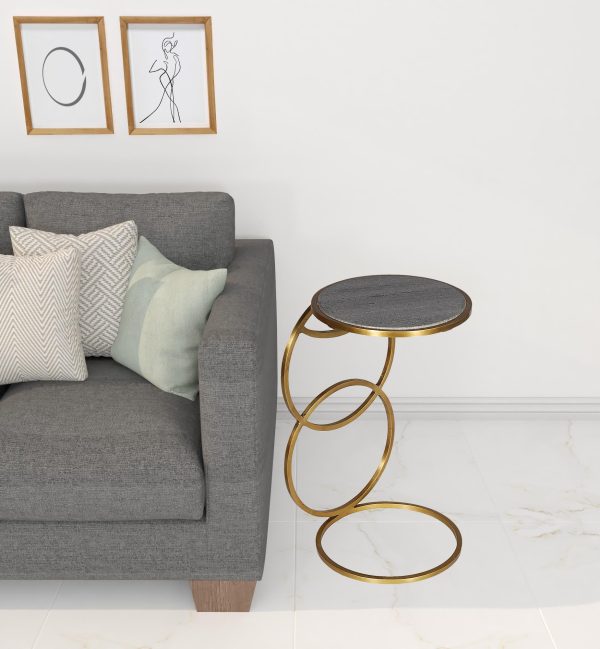 21" Gold And Gray Marble And Iron Round End Table - Image 2