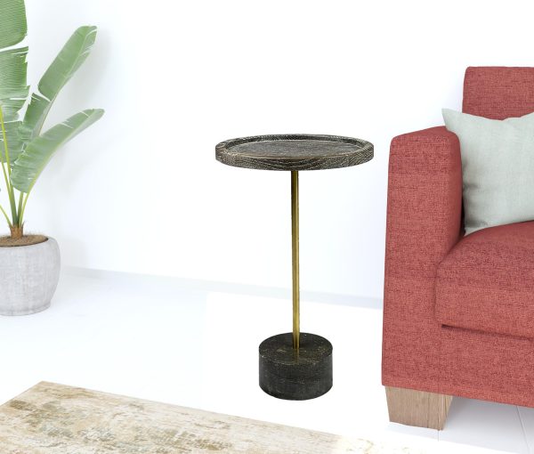 20" Black And Brown Solid Wood And Marble Round End Table - Image 3