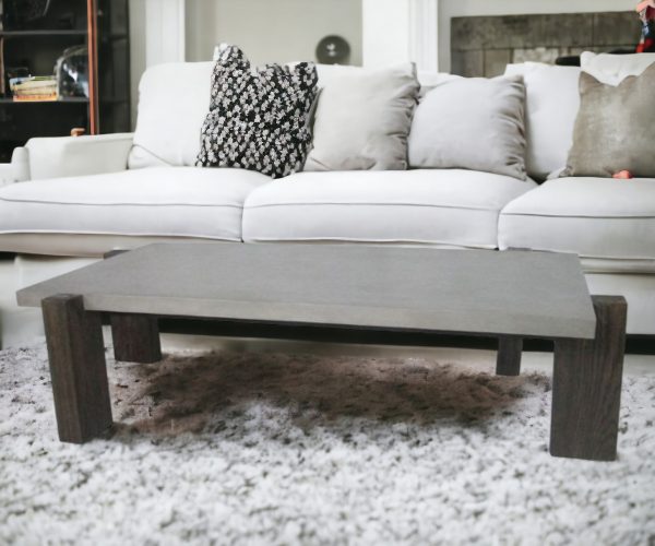 33" Dark Gray and Brown Concrete And Solid Wood Coffee Table - Image 2