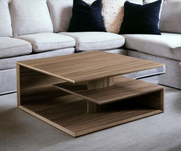 32" Walnut Solid Manufactured Wood Square Coffee Table With Two Shelves - Image 2