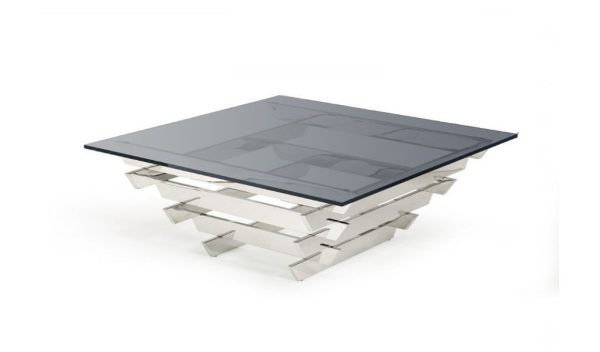 39" Gray and Silver Glass And Stainless Steel Square Frame Coffee Table - Image 3