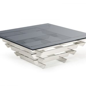 39" Gray and Silver Glass And Stainless Steel Square Frame Coffee Table