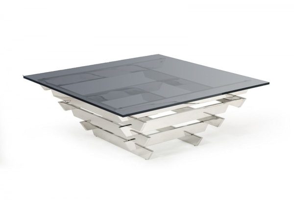 39" Gray and Silver Glass And Stainless Steel Square Frame Coffee Table
