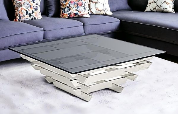 39" Gray and Silver Glass And Stainless Steel Square Frame Coffee Table - Image 2