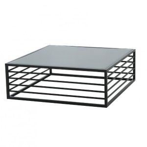 43" Gray and Black Glass And Steel Square Frame Coffee Table