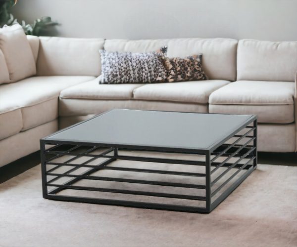 43" Gray and Black Glass And Steel Square Frame Coffee Table - Image 2