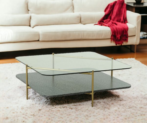 43" Clear and Gold Glass And Steel Square Coffee Table With Shelf - Image 2