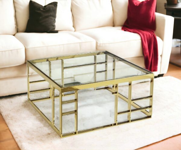 40" Clear and Gold Glass And Stainless Steel Square Frame Coffee Table - Image 2
