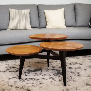 35" Natural Brown and Black Solid Wood and Iron Round Distressed Coffee Table