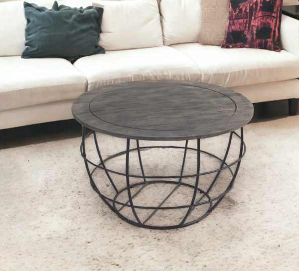 32" Gray Solid Wood Round Distressed Drum Drum Coffee Table - Image 2