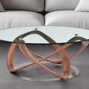 39" Clear and Brown Glass And Solid Wood Round Abstract Coffee Table