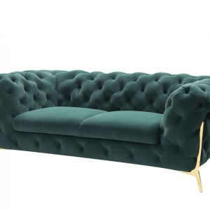 74" Dark Green Tufted Velvet And Gold Chesterfield Love Seat