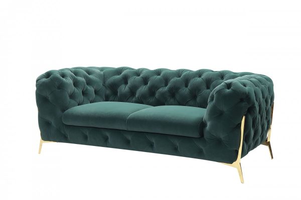 74" Dark Green Tufted Velvet And Gold Chesterfield Love Seat