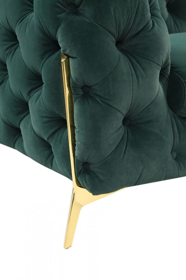 74" Dark Green Tufted Velvet And Gold Chesterfield Love Seat - Image 3