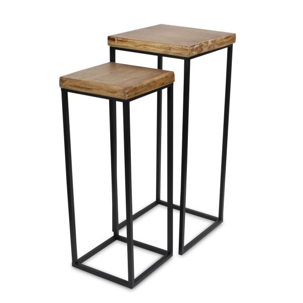Set Of Two 29" Black And Brown Solid Wood And Steel Square Nested Tables - Image 2