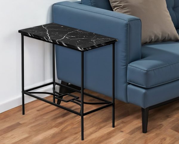 22" Black Faux Marble And Metal End Table With Shelf