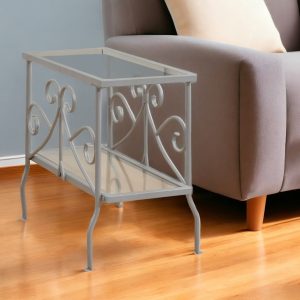 22" Silver And Clear Metal And Tempered Glass End Table With Shelf