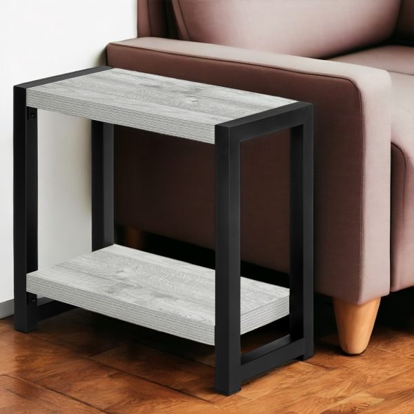 22" Gray And Black Wood And Metal Frame End Table With Shelf