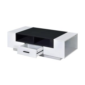 47" Black and White Wood Floor Shelf Coffee Table With Drawer And Three Shelves